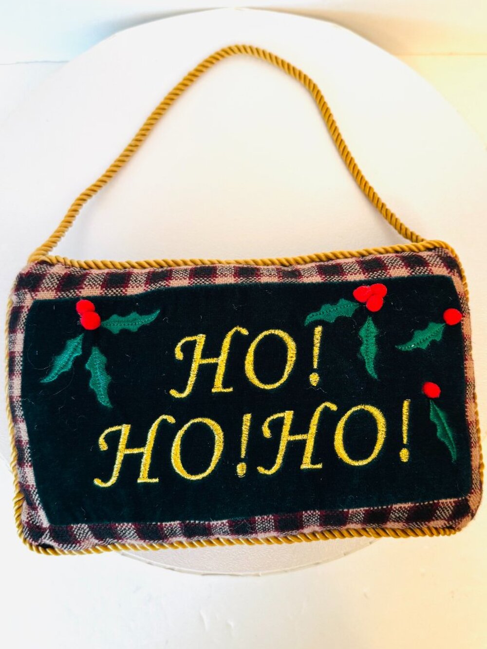 Vtg Velvet Christmas Pillow 10x6" Door Hanger HO HO HO Green Door Knob Cozy
